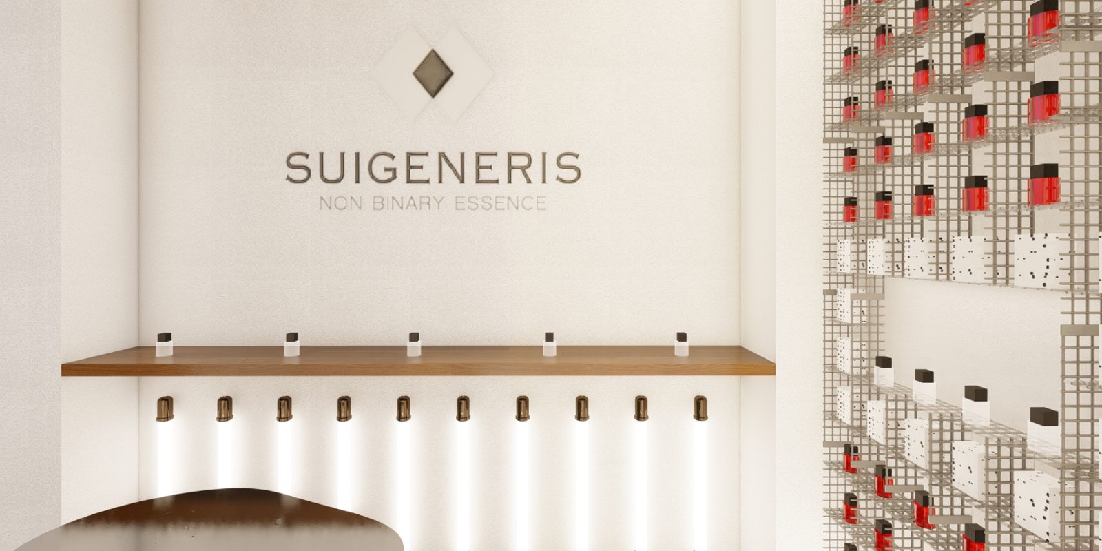 Suigeneris — tienda de fragancias en Barcelona, cabinas inmersivas con malla metálica modular